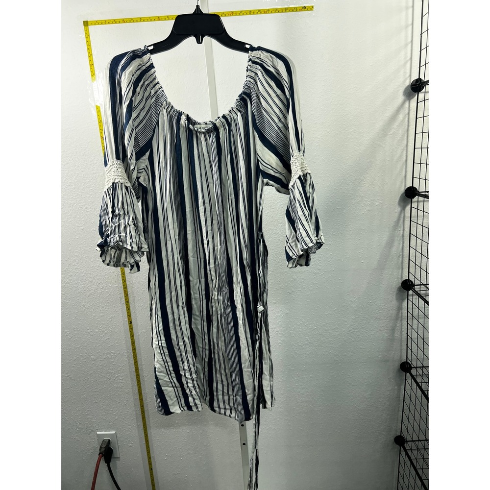Speed Control NY Blue White Striped Off Shoulder Boho Bell Sleeve Dress Plus 1X